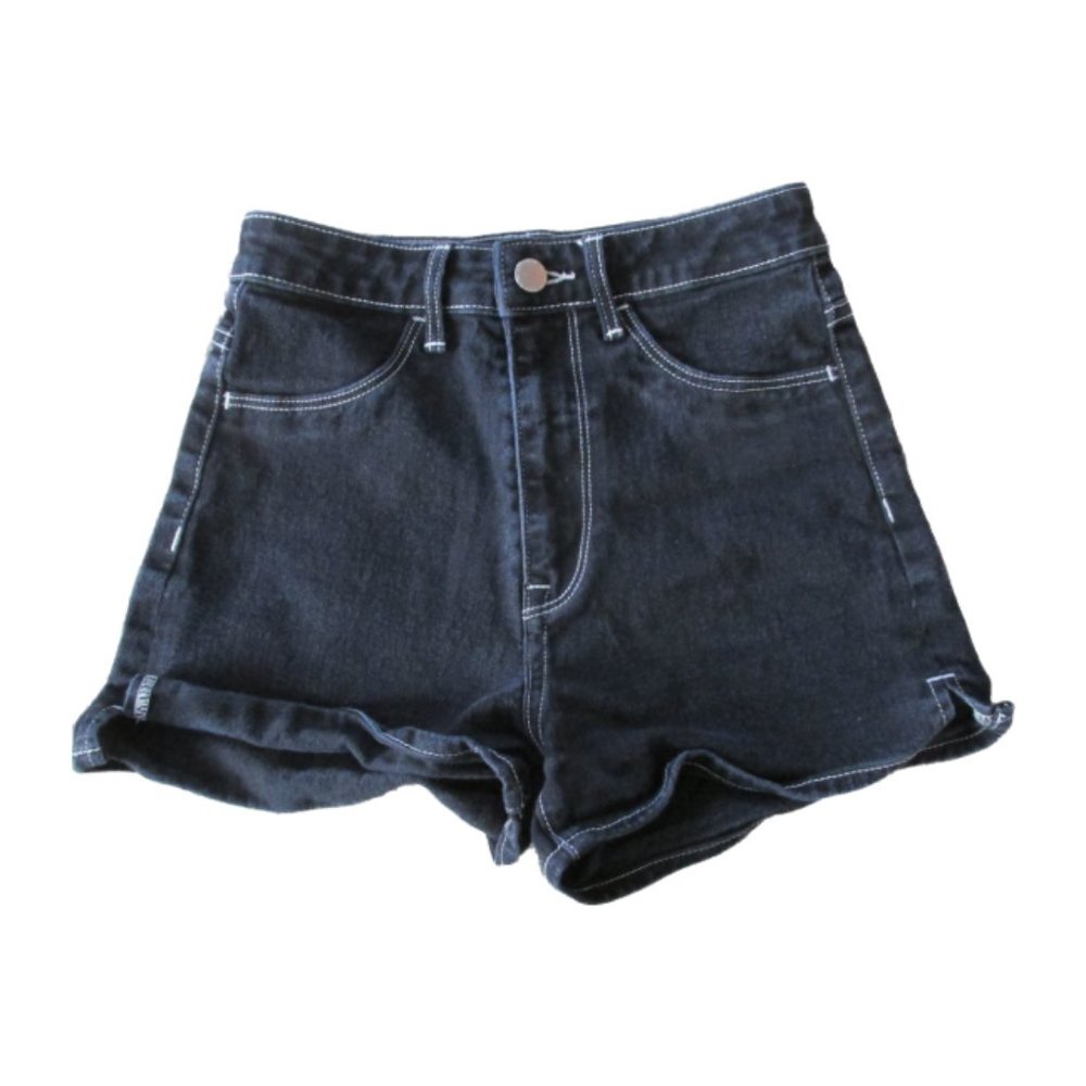 H&M‎ High Waist Jean Shorts Womens Size 0 Black Denim White Stitching Juniors